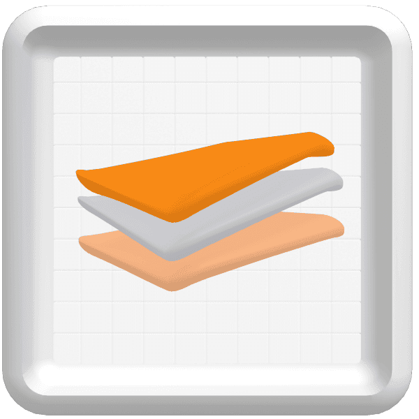 Three stacked, curved layers in orange, gray, and peach, floating on a grid background.