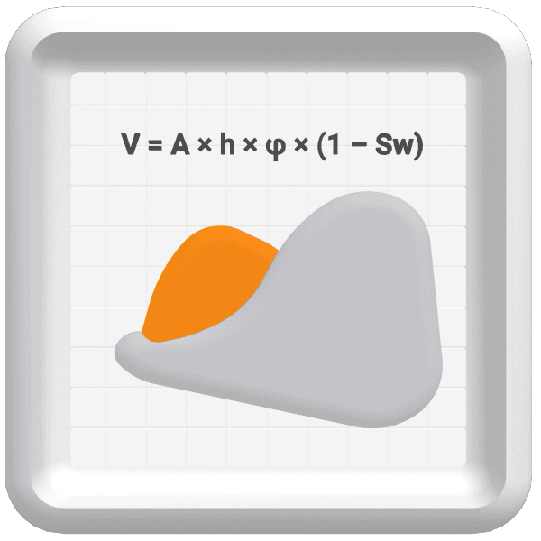 Formula with a 3D shape showing an orange section inside a larger gray volume.